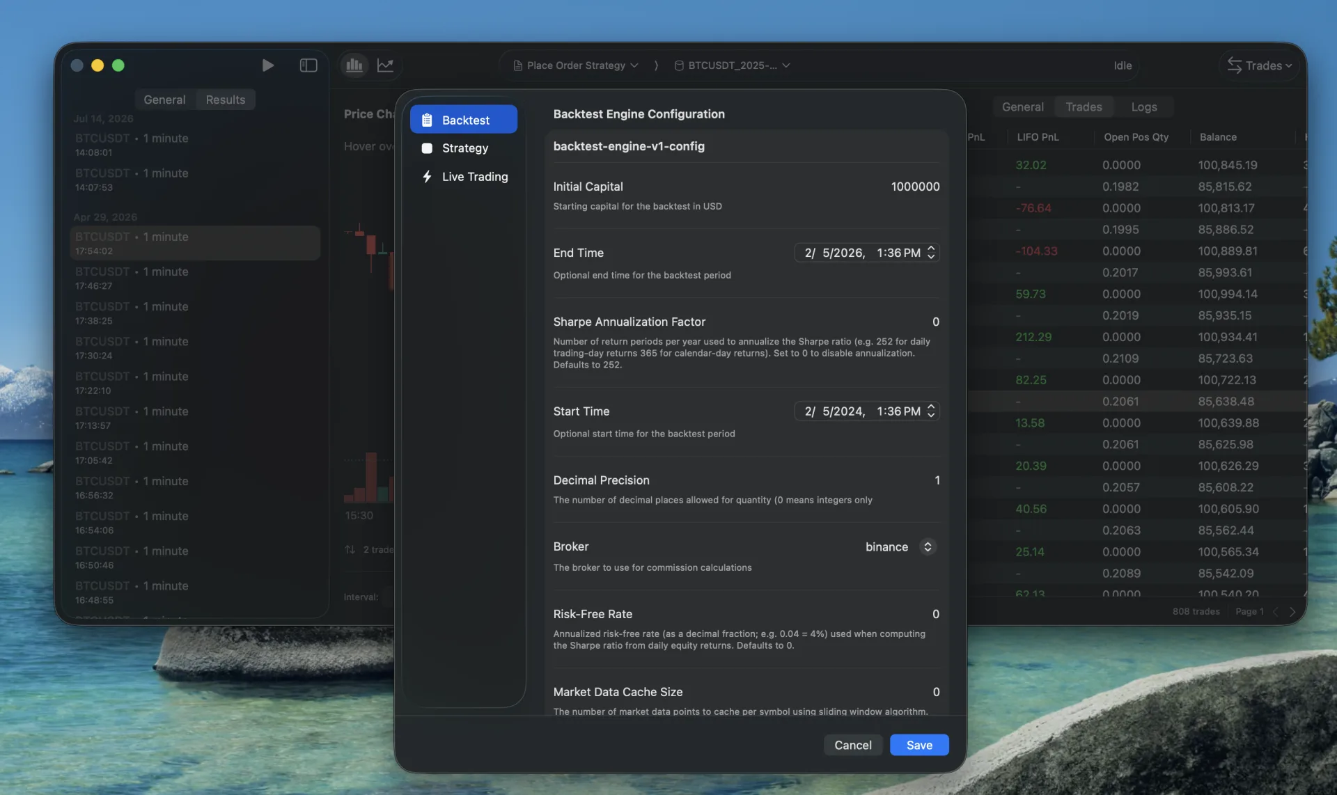 RxArgo backtest engine configuration dialog