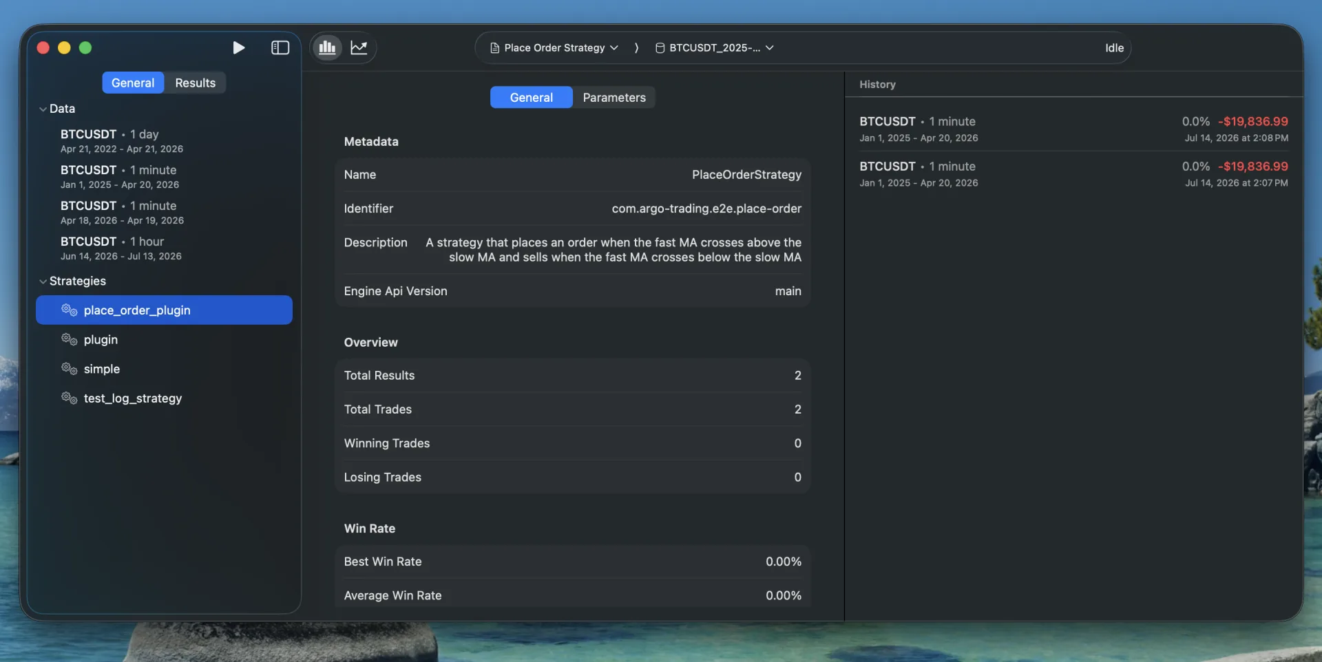 RxArgo strategy overview with metadata, overview stats and run history