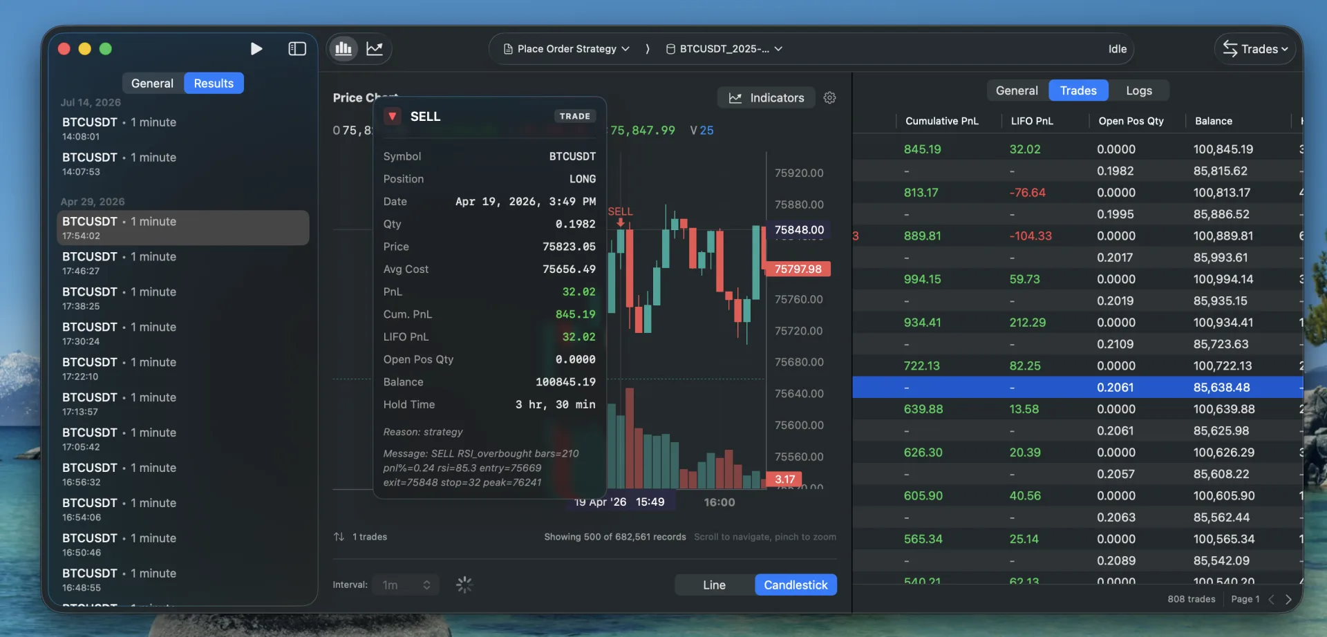 RxArgo candlestick chart with a trade detail popover and full trades table